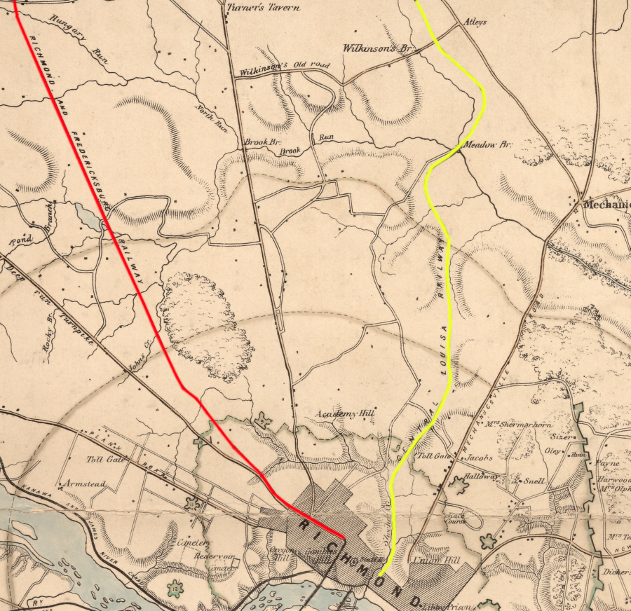 the Virginia Central (yellow) ultimately built track parallel to the Richmond, Fredericksburg and Potomac Railroad (red) north to Hanover Junction (now Doswell)