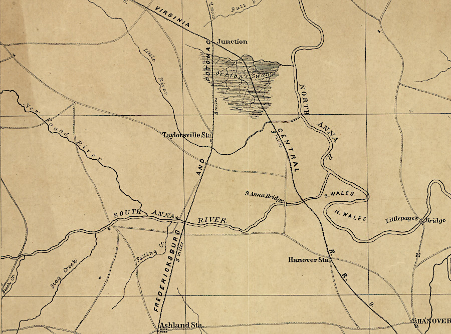 the Virginia Central and the Richmond, Fredericksburg and Potomac (RF&P) railroads crossed at Hanover Junction (now Doswell)