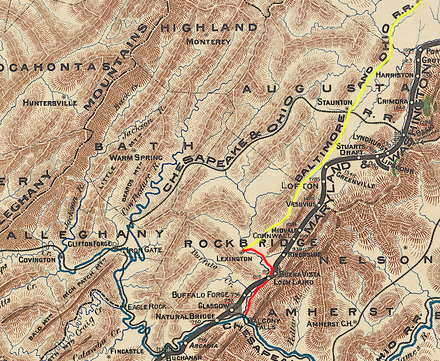 the Valley Railroad only got to Lexington (yellow line), where it connected to a branch of the Chesapeake and Ohio Railroad (red)