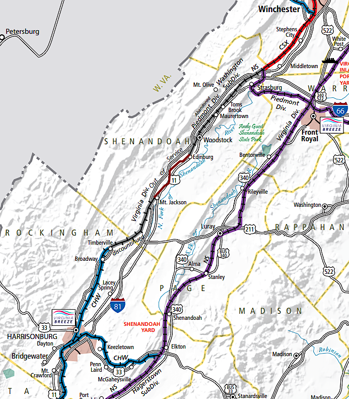 a portion of the former Valley Railroad between Strasburg-Harrisonburg is no longer in use