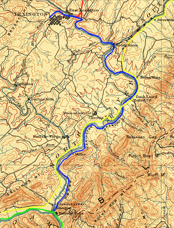 the Shenandoah Valley Railroad (yellow) connected with the Richmond and Alleghany Railroad (green) in 1882, while the Valley Railroad (red) joined the Lexington Branch of the Richmond and Alleghany Railroad (blue) only in 1883