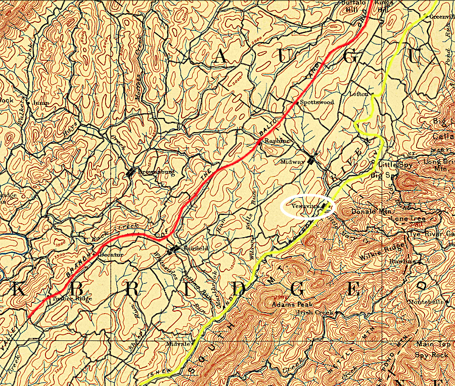 the Shenandoah Valley Railroad (yellow) built on the western edge of the Blue Ridge past the iron furnace at Vesuvius, while the Valley Railroad (red) built further west through the towns in the center of the valleys
