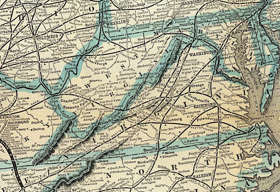 the Virginia railroad network in 1886, when all rail lines were converted to the Pennsylvania Railroad's 4 feet 9 inch gauge