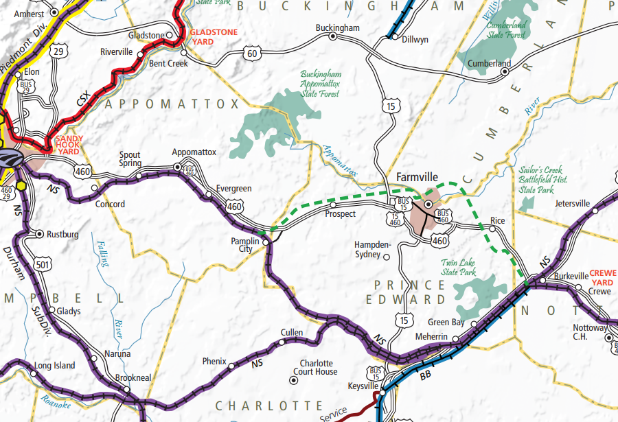 a portion of the route of the original South Side Railroad (green dashed line) has been abandoned