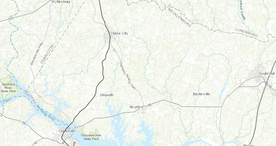 the Virginia Southern still crosses Buggs Island Lake/Kerr Reservoir, but now ends at Clarksville