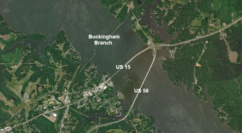 the railroad bridge crosses Buggs Island Lake/Kerr Reservoir upstream of two highway bridges at Clarksville