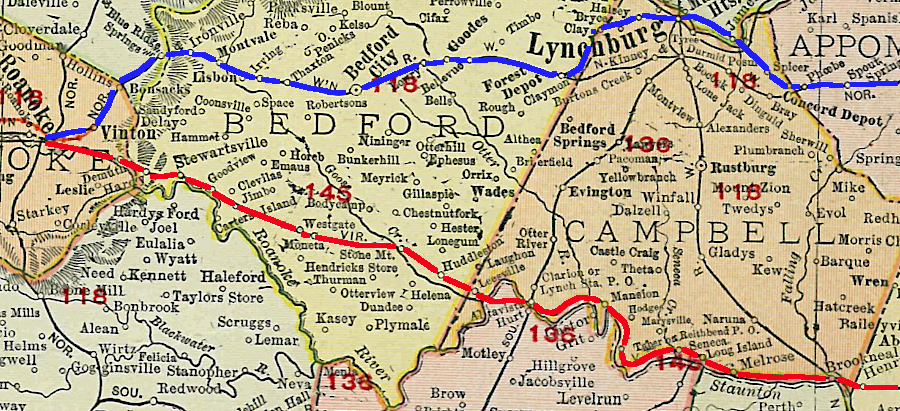 unlike the Norfolk and Western Railway (blue line), the Virginian Railway (red line) bypassed Lynchburg
