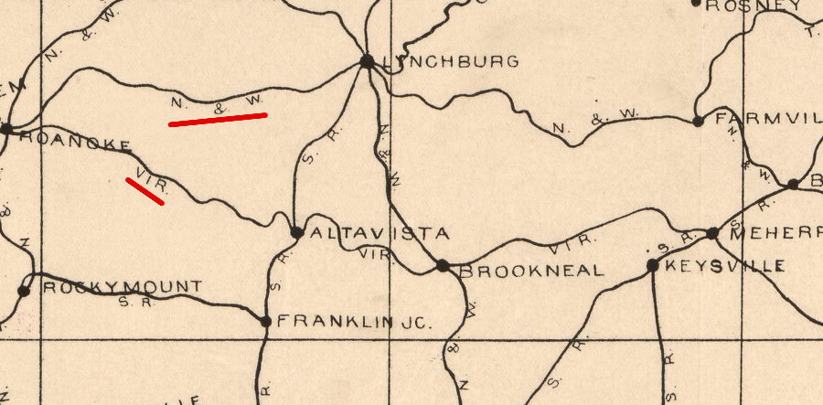 the Virginian Railroad took a different route east of Roanoke than the Norfolk and Western