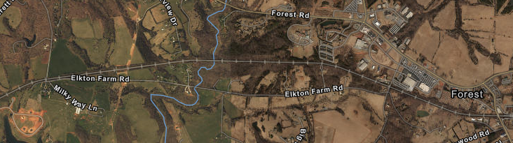 Elkton Farm Road in Bedford County uses the original roadbed of the Virginia and Tennessee Railroad