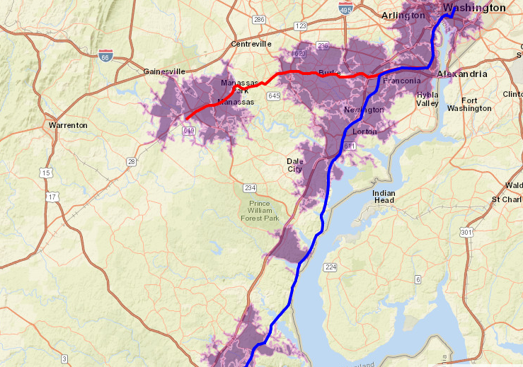 residents living within a 10 minute drive of a VRE station (purple zone)