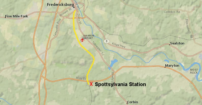 the Spotsylvania station is six miles south of the former end-of-line station in downtown Fredericksburg