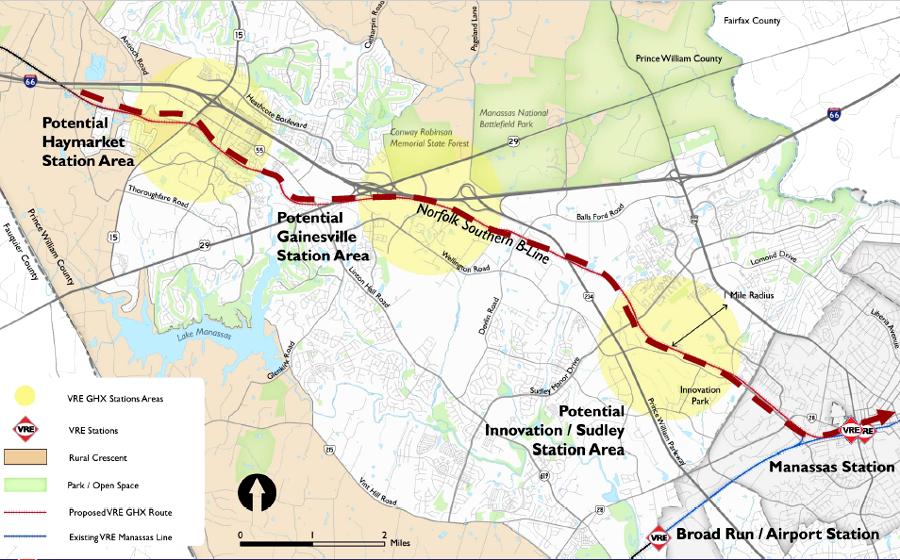 in 2016, VRE planned to build an 11-mile extension to Haymarket, with intermediate stations at Innovation and Gainesville