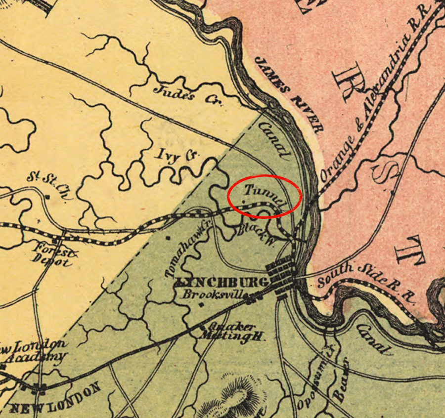 the Virginia and Tennessee built a tunnel at the western edge of Lynchburg