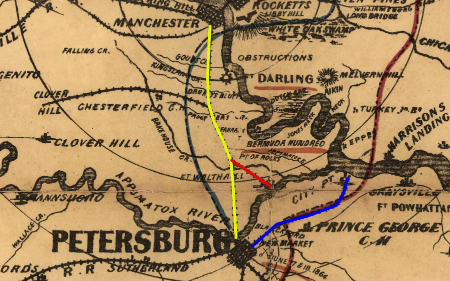 a spur to Port Walthall (red) gave the Richmond and Petersburg Railroad (yellow) a way to compete with the Petersburg Railroad's connection to City Point (blue)