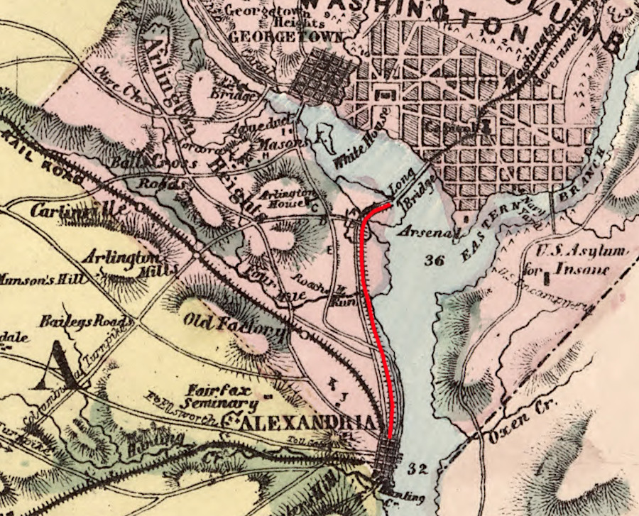 in 1861, the Washington and Alexandria Railroad (red line) did not have tracks across Long Bridge