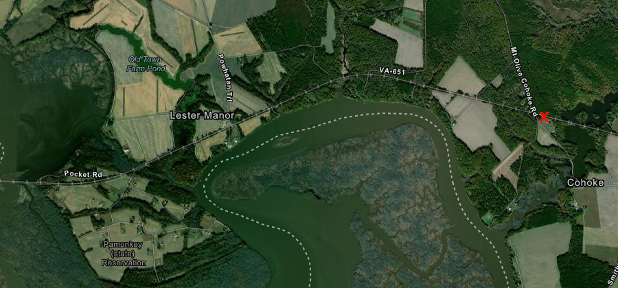 paranormal advocates and those who enjoy a party report seing the West Point ghost light at Cohoke Crossing (red X)