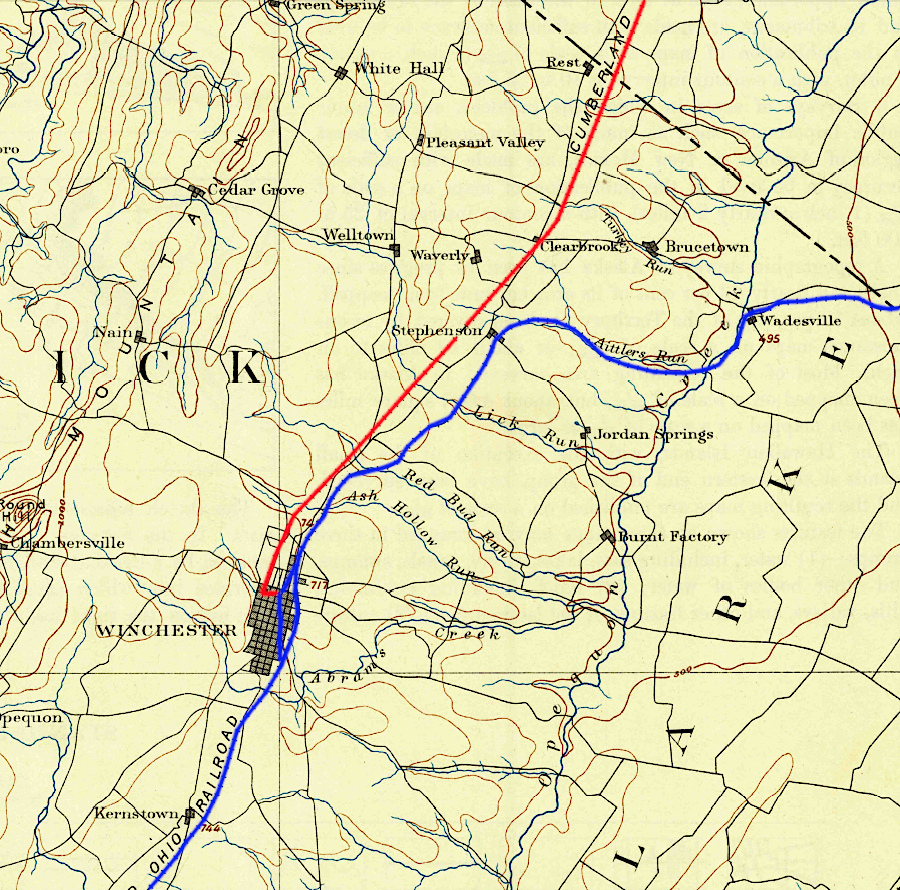 the Pennsylvania Railroad extended the Cumberland Valley Railroad (red) to Winchester in 1889, competing with the Baltimore and Ohio Railroad (blue)