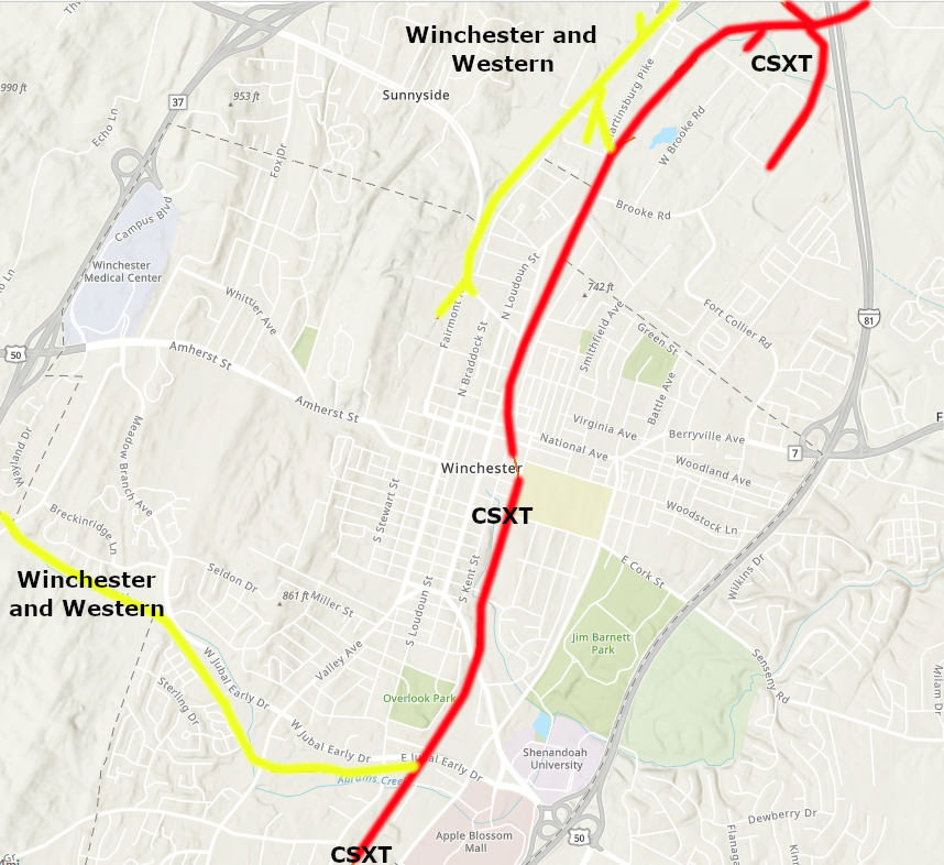 the Winchester and Western Railroad uses trackage rights over the CSX line to move through Winchester