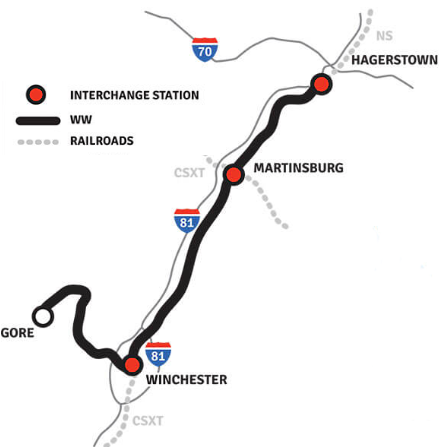 the Winchester and Western Railroad interchanges with the CSX in Winchester and Martinsburg, and with the Norfolk Southern in Hagerstown