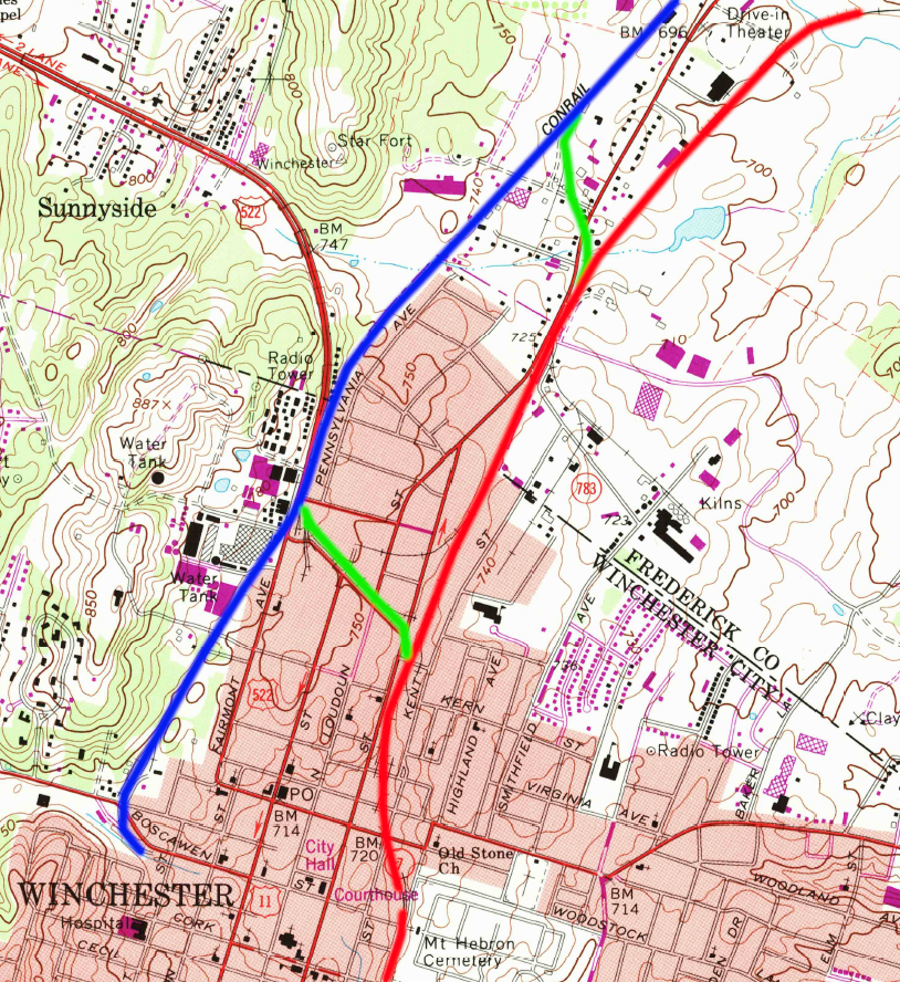 in 1966, Conrail (red) had two connections (green) to the Baltimore and Ohio Railroad (blue) in Winchester