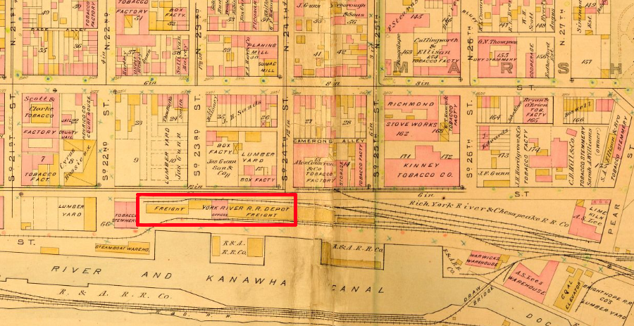 the Richmond and York River Railroad depot was next to the turning basin of the James River and Kanawha Canal