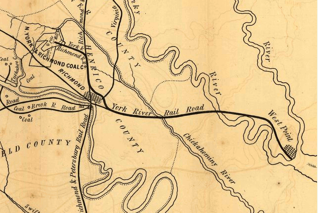 1856 map showing York River Rail Road connecting Richmond with West Point