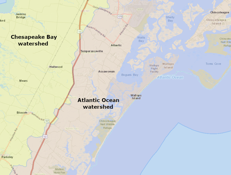 Route 13 in Accomack County approximates the watershed divide between bayside and seaside