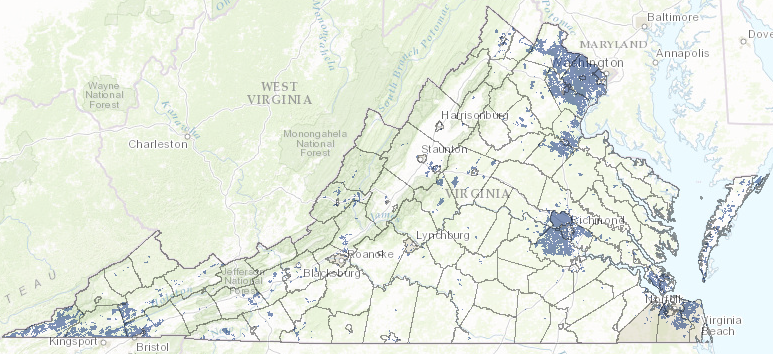 in 2016 the urban centers of Northern Virginia, Richmond, and Hampton Roads had high-speed broadband service provided by fiber optics - and so did a portion of Southwest Virginia in Lee, Scott, Russell, and Washington counties