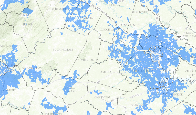 in 2016 the urban centers of Richmond and Lynchburg plus their suburbs had access to televsion and internet services via cable (blue area on map), but Amelia, Cumberland, and Buckingham counties relied upon slower DSL and wireless technology