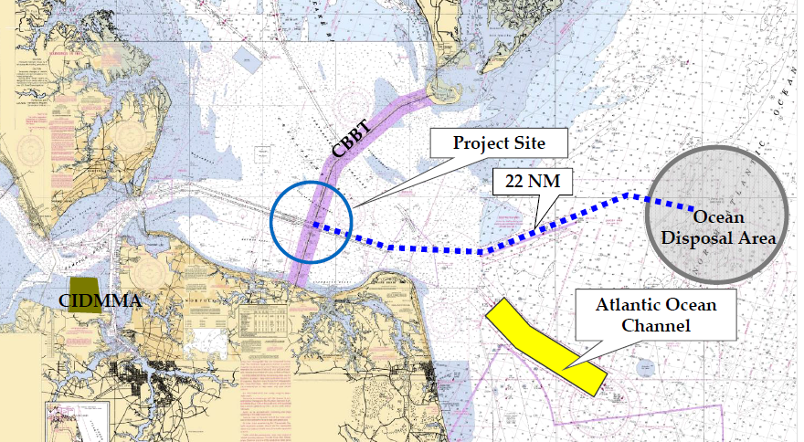 material not contaminated with Total Petroleum Hydrocarbons will be barged 22 nautical miles (NM) to the Norfolk Ocean Disposal Site