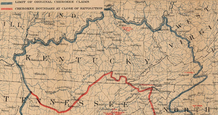 the Cherokee claimed control over Southwest Virginia (blue line), but by the time of the American Revolution their land claims (red line) were reduced substantially