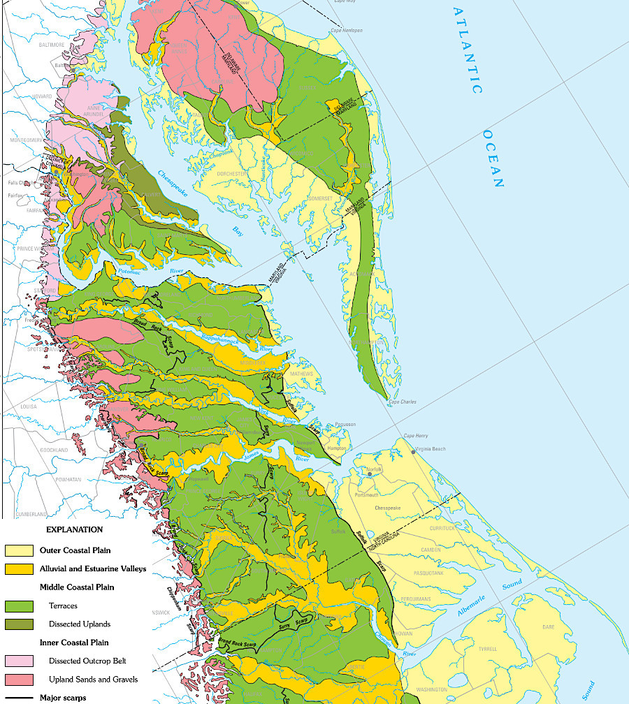 scarps on the Coastal Plain reflect times when sea level was higher