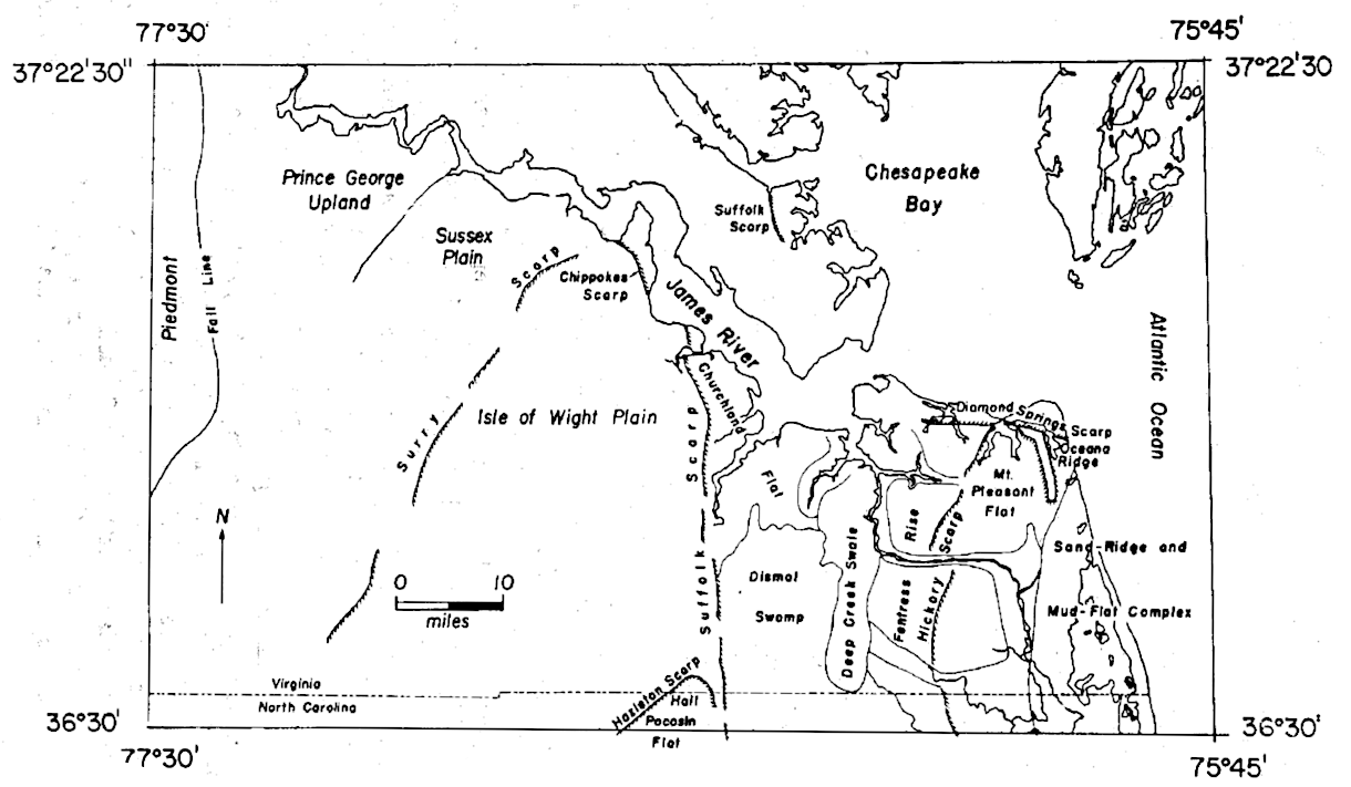 the topography of the Coastal Plain is marked by almost-flat terraces separated by steeper scarps, plus stream channels eroded into the sediments