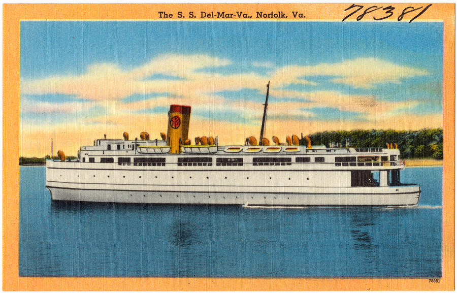 a pre-World War II postcard shows the SS Del-Mar-Va, one of the ferries that linked the Eastern Shore to Princess Anne County (now City of Virginia Beach) until the Chesapeake Bay Bridge-Tunnel opened in 1964
