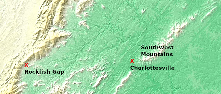 between Charlottesville and Rockfish Gap, erosion has flattened the igneoud bedrock so it resembles the Piedmont physiographic province