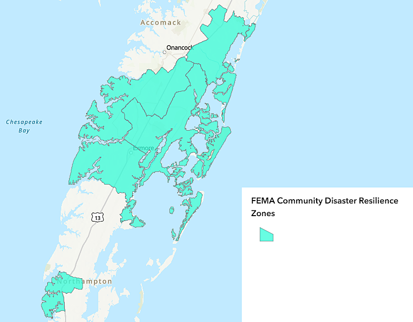 multiple census tracts on the Eastern Shore were designated as Community Disaster Resilience Zones in 2023