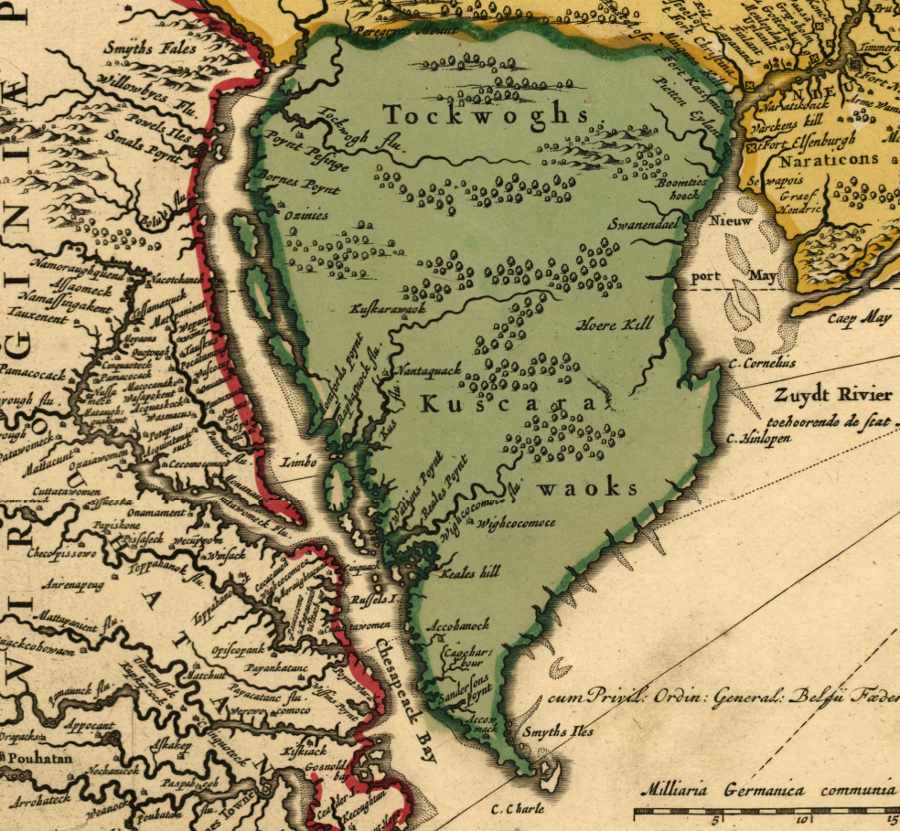 Dutch maps in the early colonial era indicated that the Dutch settlements on the Delaware River established a claim to the Eastern Shore