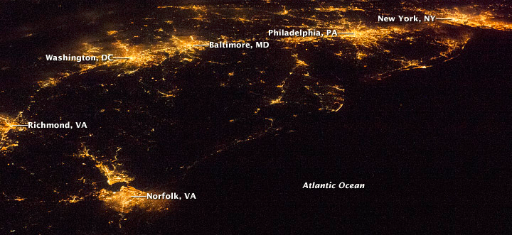 Eastern Shore at night - dark, compared to Hampton Roads and other urbanized areas