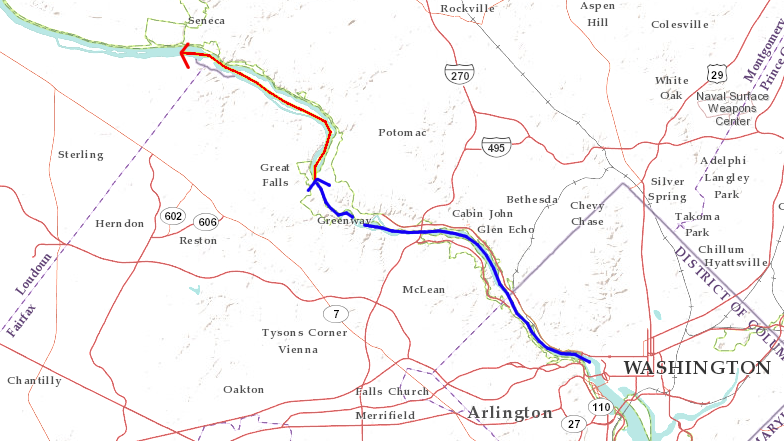 migration of Potomac River waterfall from geologic boundary at I-66 bridge upstream to Great Falls (blue), and on to Seneca Creek (red) in next million or so years