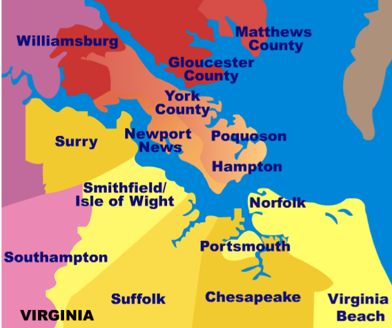 the Hampton Roads Chamber of Commerce shows Surry, Mathews, and Gloucester counties plus the City of Williamsburg as part of Hampton Roads