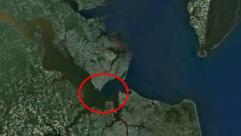 the waters of Hampton Roads extend roughly from the Hampton Roads Bridge-Tunnel to the Route 17 James River Bridge
