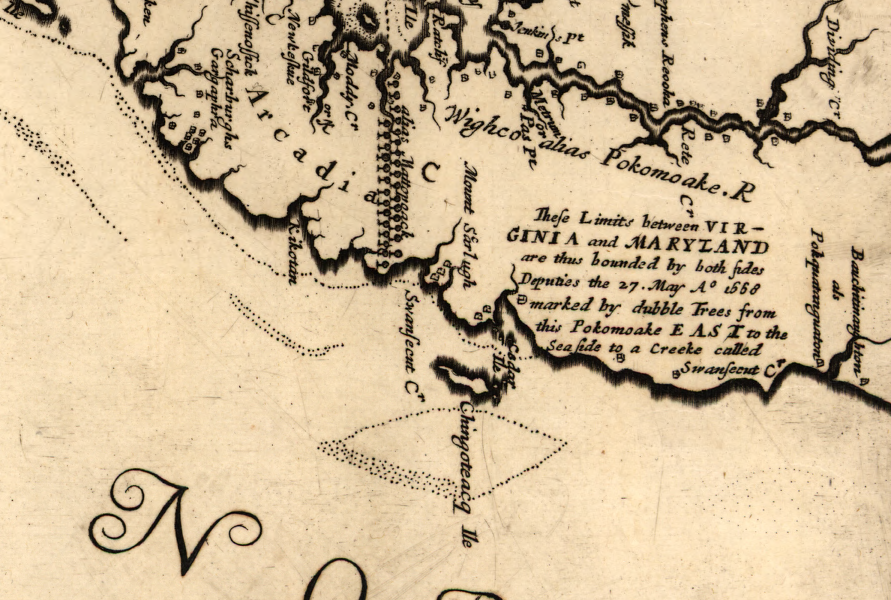 Augustine Herrman's map, prepared for Lord Calvert in the 1660's, placed Chincoteague within Maryland