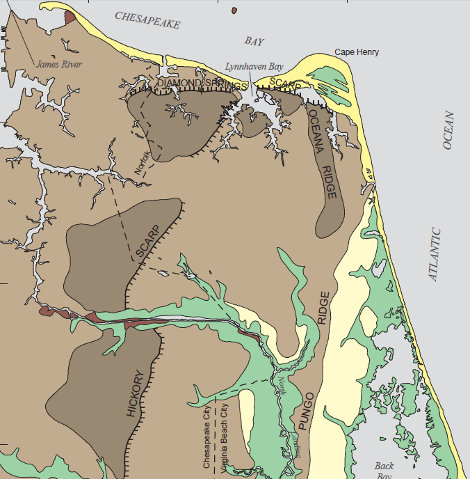 Hickory Scarp formed when sea levels were higher and the Atlantic Ocean shoreline was further west