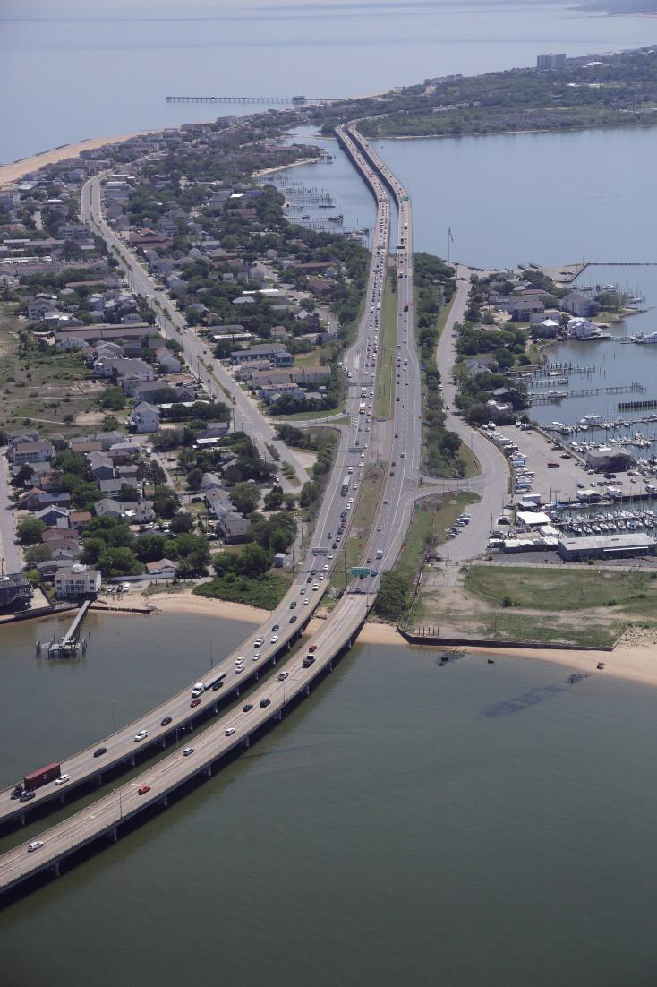 the southern approach of the Hampton Roads Bridge-Tunnel crosses Willoughby Spit in Norfolk