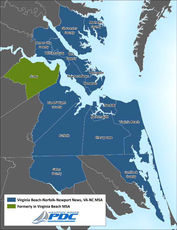 in 2013, the Bureau of Census redefined the boundaries of the Virginia Beach-Norfolk-Newport News, VA-NC Metropolitan Statistical Area, adding Gates County in North Carolina while dropping Surry County