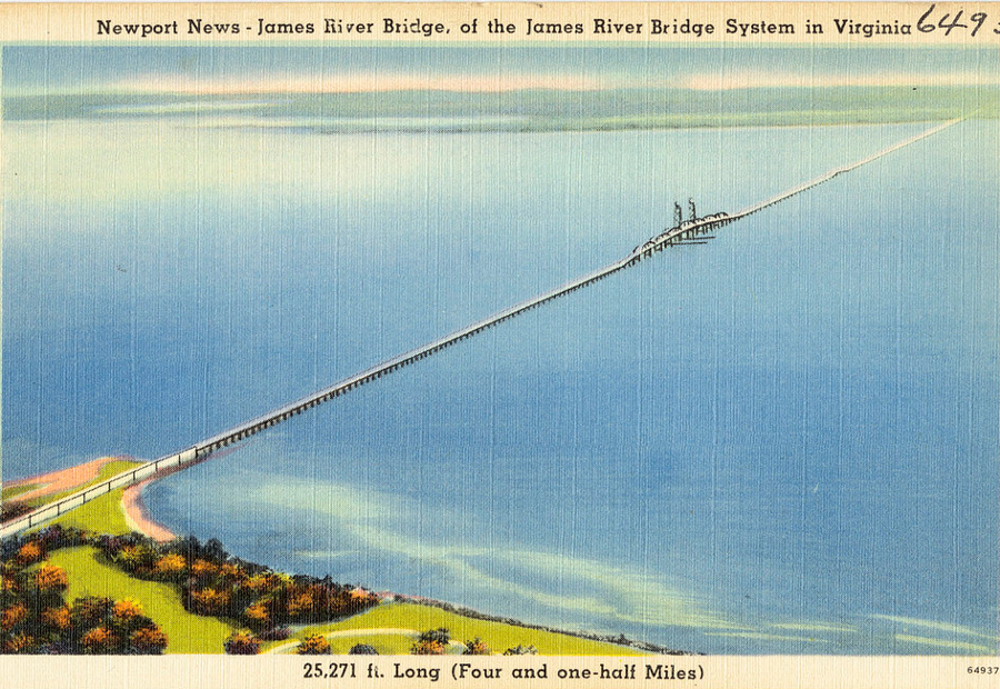 a pre-World War II postcard shows the James River Bridge, linking Isle of Wight County to what is now the City of Newport News