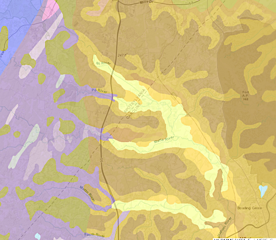 the Mat, Po, and Ni rivers carry less water and flow onto Coastal Plain sediments (yellow and brown) while still above sea level