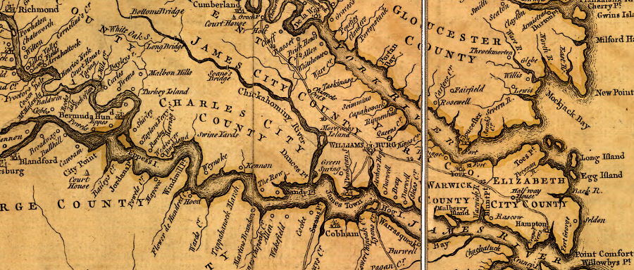 the 1755 Fry-Jefferson map of Virginia shows the Peninsula, between the James and York Rivers