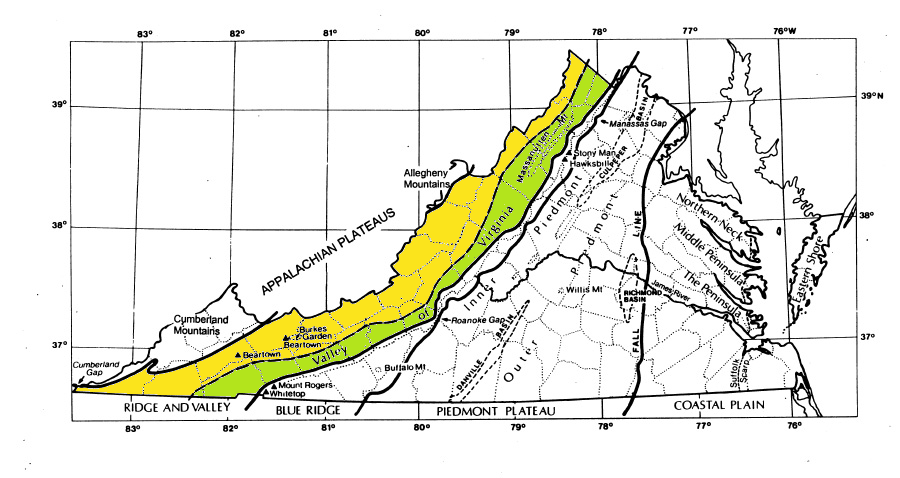 the Valley of Virginia (colored green), where colonial settlers could walk most easily from one watershed to another, refers to the eastern edge of the Valley and Ridge physiographic province (remainder colored yellow)