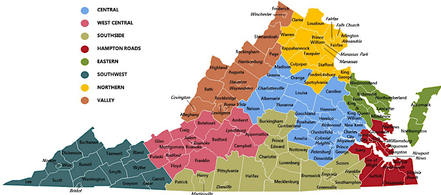 by 2018, the Weldon Cooper Center had defined a West Central Region and altered other regional boundaries